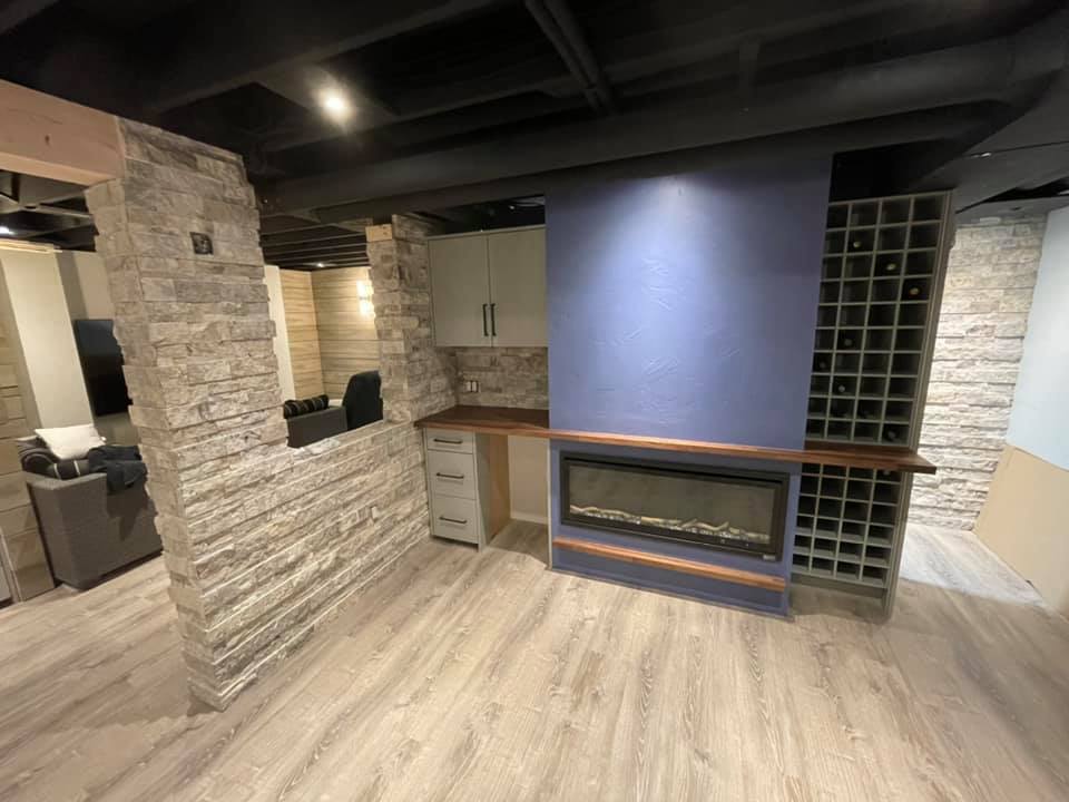 Basement renovation fireplace off final