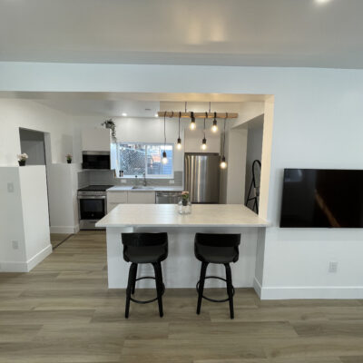 Breakfast bar and light fixture final view from basement renovation