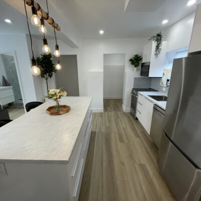 Side view of lifted basement kitchen area renovation